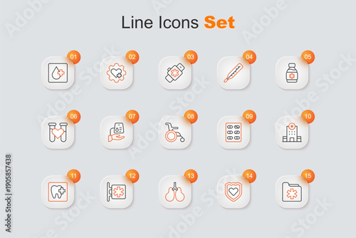 Set line Medical health record folder, Immune system, Lungs, Emergency - Star of Life, Dental clinic location, Hospital building, Pills blister pack and Wheelchair for disabled person icon. Vector