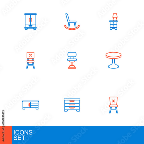 Set line Chair, Chest of drawers, TV table stand, Round, Office chair, Furniture nightstand with lamp and Armchair icon. Vector