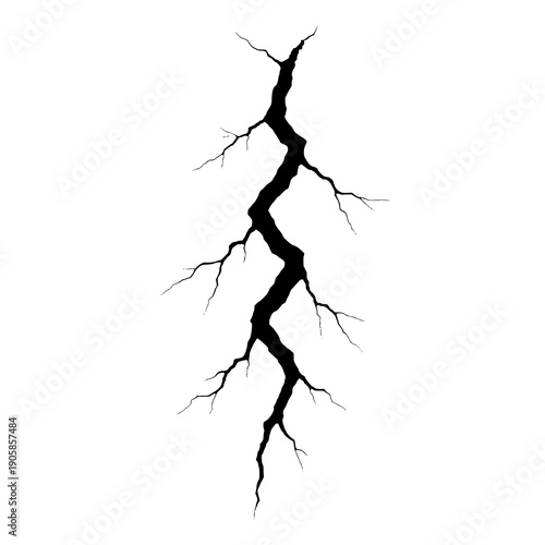 A striking black and white illustration of a jagged lightning bolt striking downward