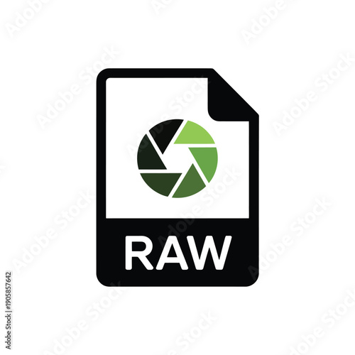 A black icon depicting a raw image file with a camera shutter
