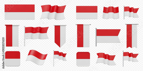 Set of Indonesian flags in various 3D styles including waving, hanging, and rectangular shapes on a transparent background.