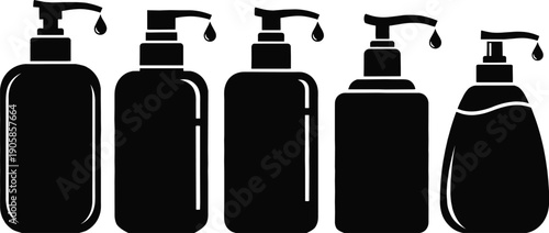 Black and white hand sanitizer bottles with pump dispensers silhouettes