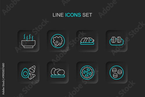 Set line Sushi, Homemade pie, Chicken egg, with vegerables, Fish sliced pieces, Rice in bowl and Ramen soup icon. Vector