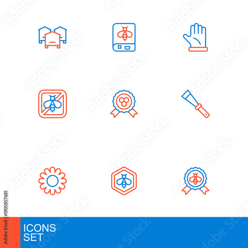 Set line Best bee, Bee and honeycomb, Flower, Beekeeping knife, Stop, Honey award, Beekeeper glove and Book about icon. Vector