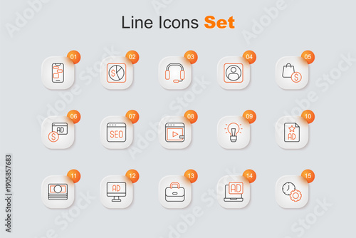 Set line Time management, Advertising, Briefcase, Stacks paper money cash, Light bulb and Video advertising icon. Vector