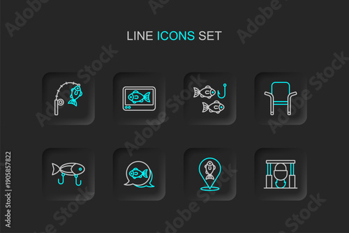 Set line Campfire and pot, Location fishing, Fish, Fishing lure, Camping folding chair, hook with, finder echo sounder and rod icon. Vector