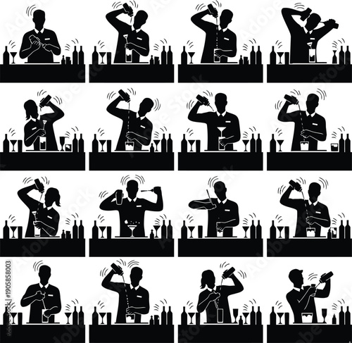Professional Bartender Mixology Silhouette Icons for Cocktail Bar and Nightlife Set