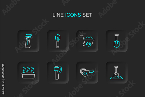 Set line Shovel, Leaf garden blower, Wooden axe, Plant in pot, Wheelbarrow, Garden trowel spade or shovel and sprayer for water icon. Vector