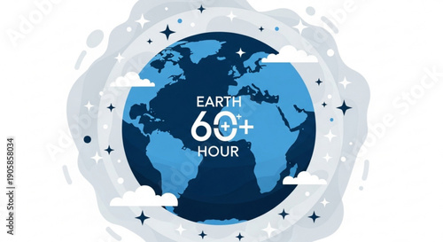 Earth 60 hour graphic with blue globe and white clouds