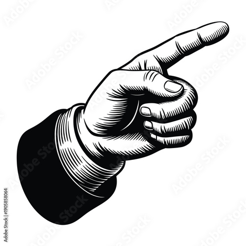 A vintage style illustration of a pointing hand black and white