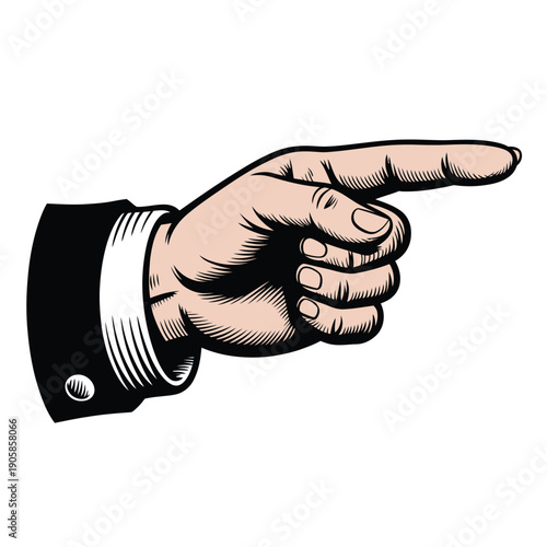 Pointing hand illustration in a vintage style isolated on white