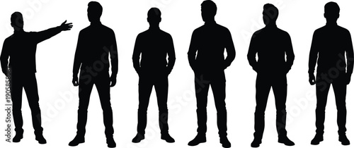 Set of Six Black Silhouettes of Young Men in Casual Outfits Standing, One Man Pointing, Group Isolated on White Background,