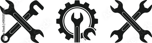 Set of Three Black Silhouette Icons Featuring Crossed Wrenches and a Gear for Repair Service Maintenance and Technical Engineering Industry,