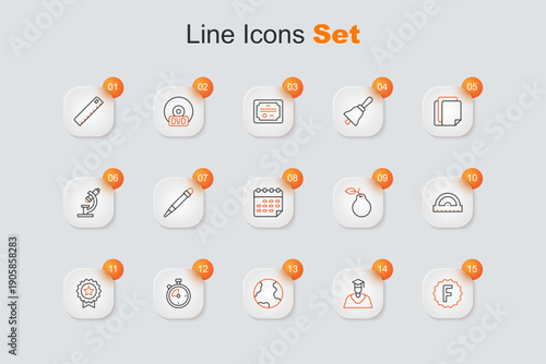 Set line Exam paper with incorrect answers, Graduate and graduation cap, Earth globe, Stopwatch, Medal star, Protractor grid, Pear and School timetable icon. Vector