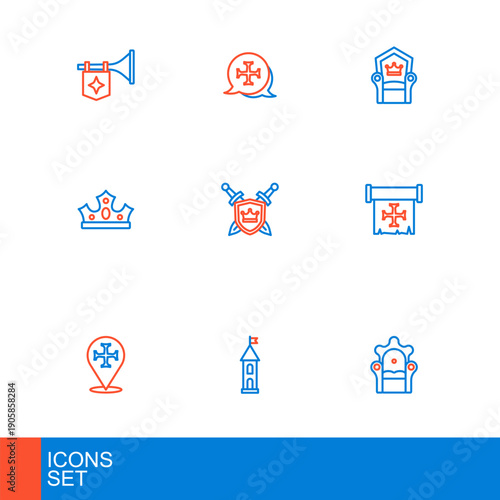 Set line Medieval throne, Castle tower, Crusade, King crown, Shield with swords, and icon. Vector