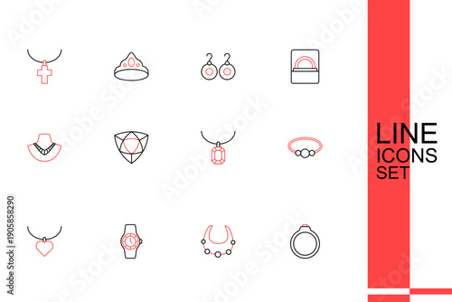 Set line Diamond engagement ring, Necklace, Wrist watch, with heart shaped, Bracelet jewelry, Pendant necklace, and mannequin icon. Vector