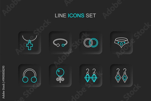 Set line Earrings, Stud earrings, Piercing, Necklace, Wedding, Bracelet jewelry and Christian cross on chain icon. Vector