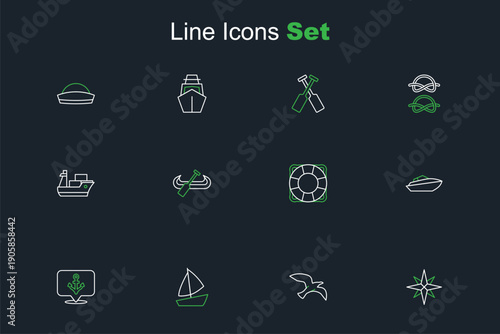 Set line Wind rose, Bird seagull, Yacht sailboat, Anchor, Speedboat, Lifebuoy, Kayak and paddle and Cargo ship icon. Vector
