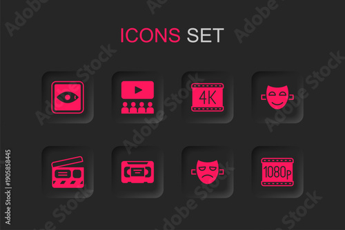 Set VHS video cassette tape, Cinema auditorium with screen, Rating movie, Drama theatrical mask, Comedy, Full HD 1080p, 4k and Movie clapper icon. Vector