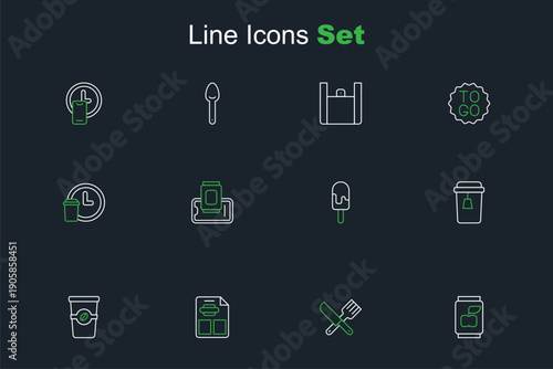 Set line Soda can, Crossed knife and fork, Restaurant cafe menu, Coffee cup to go, Cup tea, Ice cream, Food ordering on mobile and Round the clock delivery icon. Vector