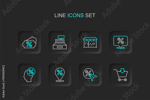 Set line Add to Shopping cart, Discount percent tag, Location with, Market store, Cash register machine and icon. Vector