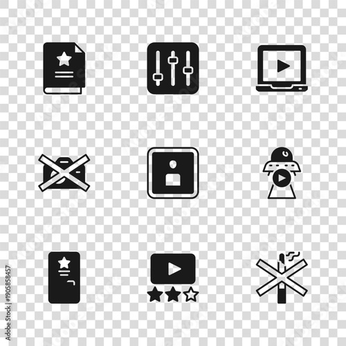 Set Rating movie, Science fiction, No smoking, Play Video, Online play video, Scenario, Sound mixer controller and Prohibition no recording icon. Vector