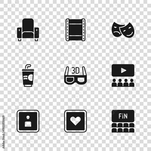 Set Like heart, Cinema auditorium with screen, 3D cinema glasses, Comedy and tragedy masks, chair, Play video and Paper water icon. Vector