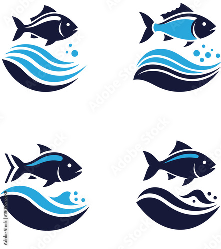 Set of Four Stylized Fish and Wave Icons.