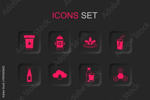 Set Cloud with rain, Fire hydrant, Water filter cartridge, Bottle of water glass, Glass, Chemical formula H2O, drop and icon. Vector