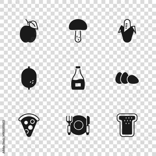 Set Plate, fork and knife, Chicken egg, Bread toast, Sauce bottle, Corn, Plum fruit, Mushroom and Lemon icon. Vector