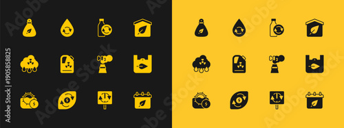 Set Eco friendly house, Water energy, CO2 emissions in cloud, Recycle symbol, Radioactive waste barrel, Recycling plastic bottle, Garbage bag and clean aqua icon. Vector