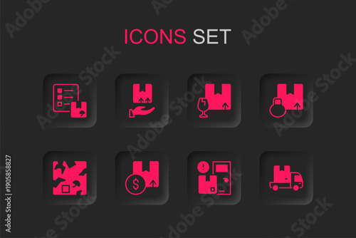 Set Carton cardboard box, Delivery hand with, Verification of delivery list, Home services, cargo truck, Package fragile content and Broken icon. Vector