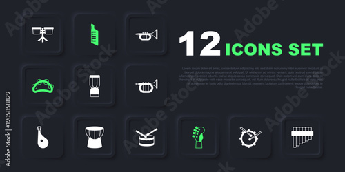 Set Drum with drum sticks, Pan flute, African djembe, Guitar neck, Tambourine, darbuka, Keytar and icon. Vector