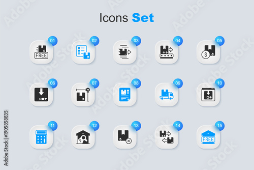 Set Cardboard box with traffic symbol, measurement, Verification of delivery list, Calculator, Free storage, Online app tracking, free and Waybill icon. Vector