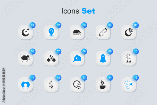 Set Chamomile tea, Sleeping pill, Sleepy, Travel neck pillow, Earplugs and ear, Moon stars and Dreams icon. Vector