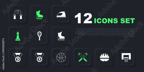 Set Bicycle helmet, Basketball backboard, Tennis racket, Crossed baseball bat, Chess, Medal, Skates and icon. Vector
