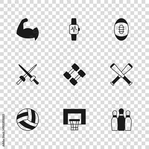 Set Basketball backboard, Crossed baseball bat, Bowling pin, Dumbbell, American Football, Bodybuilder showing his muscles, Smart watch with heart and Fencing icon. Vector