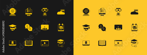 Set Cloud or online library, Open book, Online class, play video, Question and Answer, Award cup, Web camera and quiz, test, survey icon. Vector