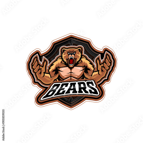 Powerful grizzly bear roaring with claws mascot logo design shield emblem, editable vector, modern illustration concept style for badge, emblem. Ideal for sports teams, e-sports gaming, branding. 
