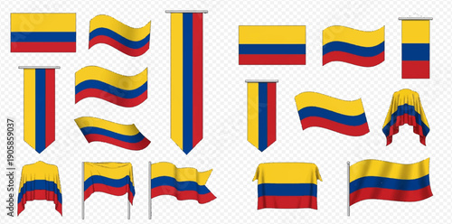 Colombian flag set with various shapes and waving styles on transparent background.