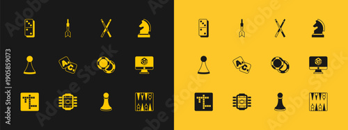 Set Chess, Table football, Casino chips, pawn, Bingo, Crossed billiard cues, Domino and Dart arrow icon. Vector