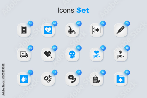 Set Patient record, Medical heart inspection, Heart rate, Blood test, health folder, Cross hospital medical, Emergency call 911 and Skull icon. Vector