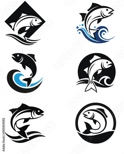 Collection of Six Stylized Fish Logos with Water Elements.