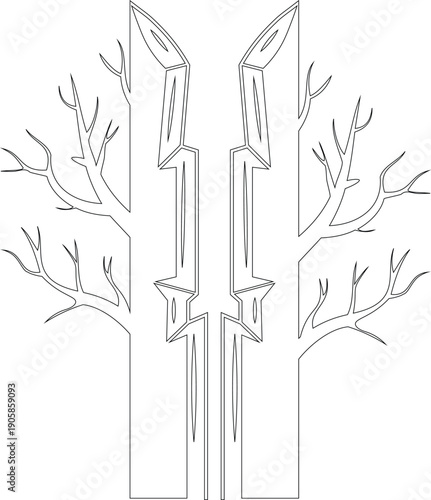 A black and white image of two trees with a crack