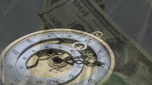 Banknotes fading in behind pocket watch, pocket watch rotating and gears turning to show time value