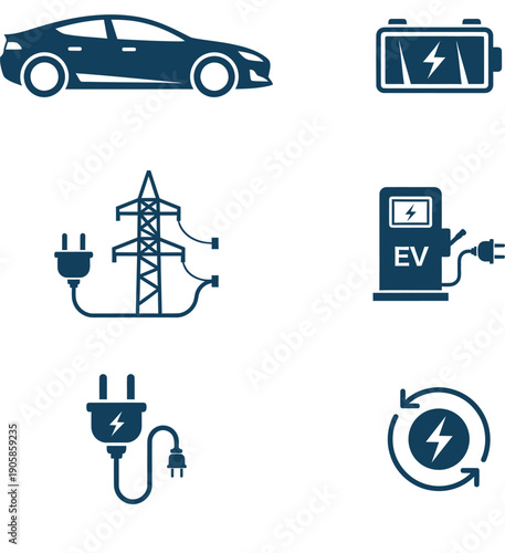 Electric Vehicle Charging Station and Battery Icons Set.