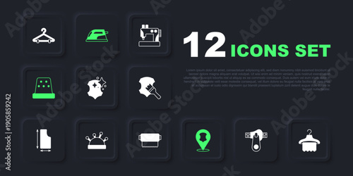 Set Zipper, Hanger wardrobe, Leather, Thimble for sewing, Needle bed and needles, Electric iron and Textile fabric roll icon. Vector