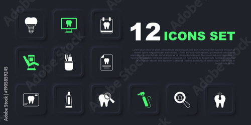 Set Dental search, Broken tooth, Toothbrush and toothpaste, drill, Medical dental chair, Tube of, Online care and icon. Vector