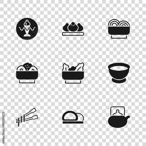 Set Sushi, Soy sauce in bowl, Traditional tea ceremony, Wonton, Asian noodles, Served fish plate, Dumpling and Chow mein icon. Vector