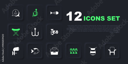 Set Fishing net, Camping folding chair, hook, Dried fish, and worm and Case box for fishing icon. Vector